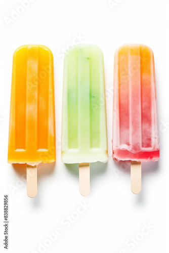 Colorful Fruit Popsicles on White Background with Copy Space
