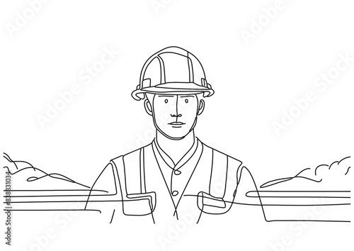 工事現場を見る現場監督、一筆書き