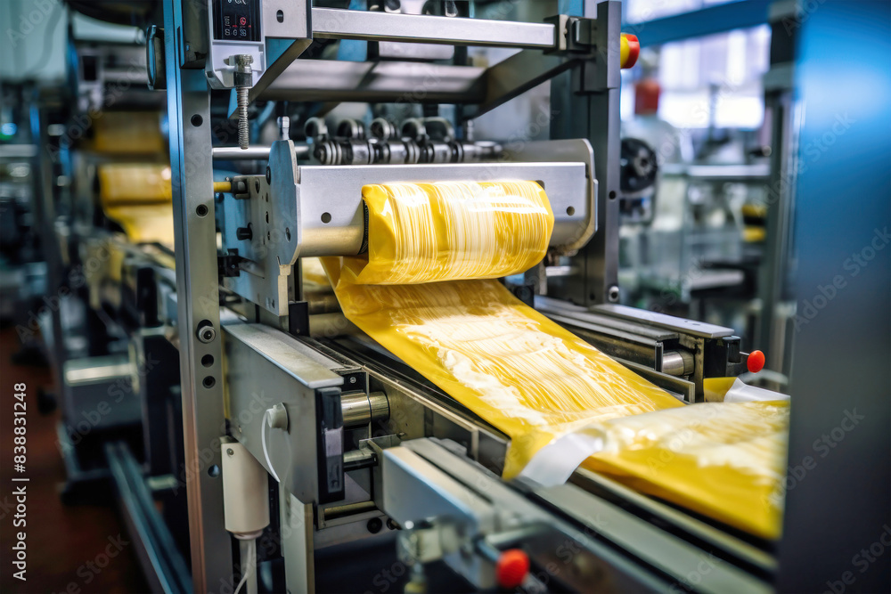A machine in a pasta factory is manufacturing a vibrant yellow sheet of paper A machine in a pasta factory is manufacturing a vibrant yellow sheet of paper