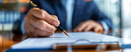 Business contract signing with lawyer present close up, focus on, copy space, vibrant colors, Double exposure silhouette with contract details