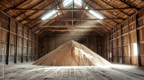 A pile of sand sits in the middle of a barn, surrounded by tools and machinery used for mining and processing potash fertilizers photo