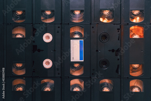 Set of old audio cassette tape on the wall background, large collection of analog black magnetic record technology