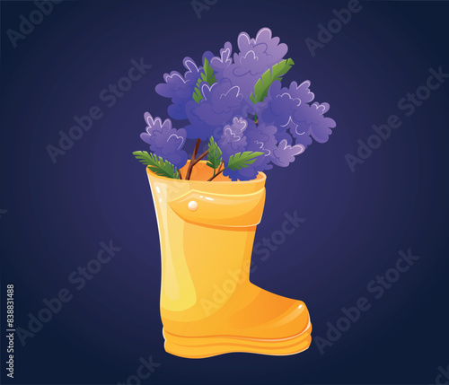 Yellow rubber children's boot with a bouquet of lilac flowers. Autumn or spring floral arrangement. Vector isolated cartoon illustration.