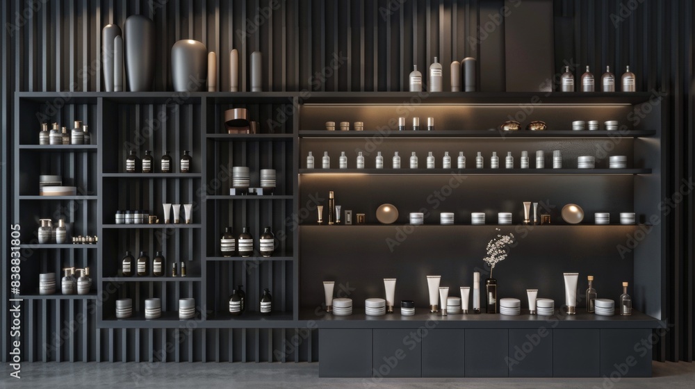 A refined studio shot presenting a meticulously designed 3D rendering of a luxury material showcase display, highlighting premium materials and cosmetic product mockups, with space for branding A refined studio shot presenting a meticulously designed 3D rendering of a luxury material showcase display, highlighting premium materials and cosmetic product mockups, with space for branding
