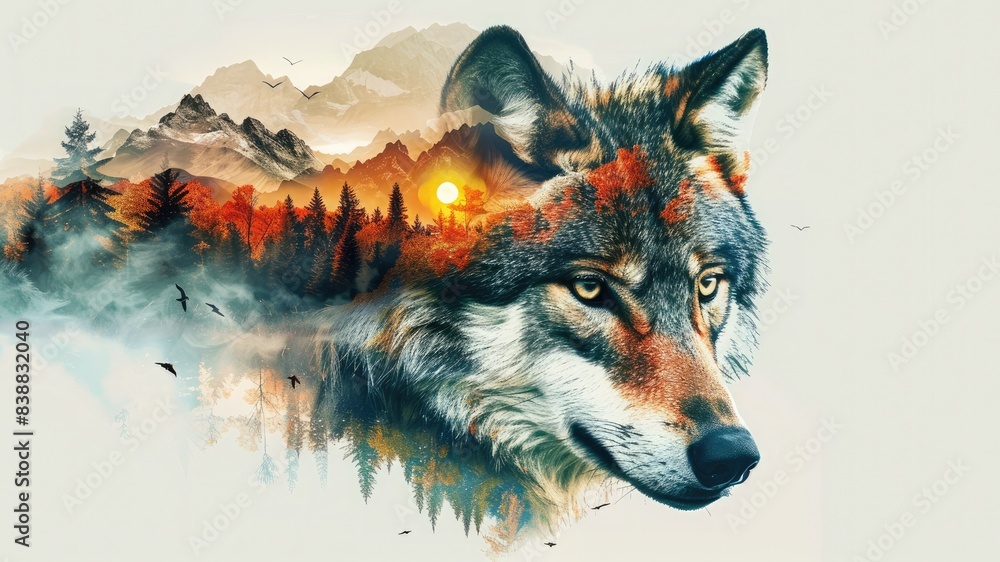 Fototapeta Surreal ultrahigh-resolution wolf portrait with mountains, jungles, sunset, rivers, and clouds in double exposure vector illustration. Perfect for nature and wildlife themes.
