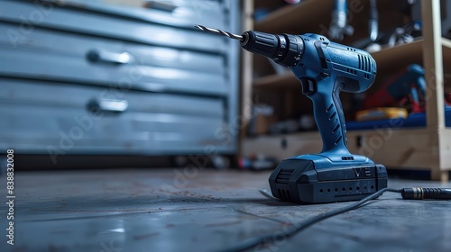 Cordless power drill placed on a wooden surface generated with AI