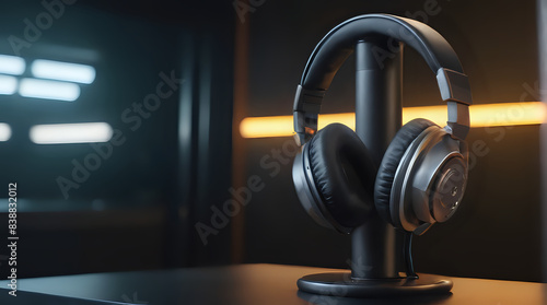 a black headphone on a stand with a yellow light