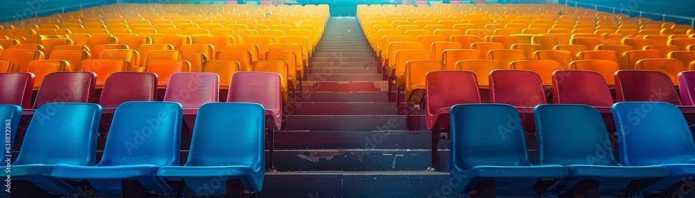 Fototapeta premium Colorful empty auditorium seats, arranged in vibrant red, orange, and blue rows, with clear aisle in the middle leading up the theater.
