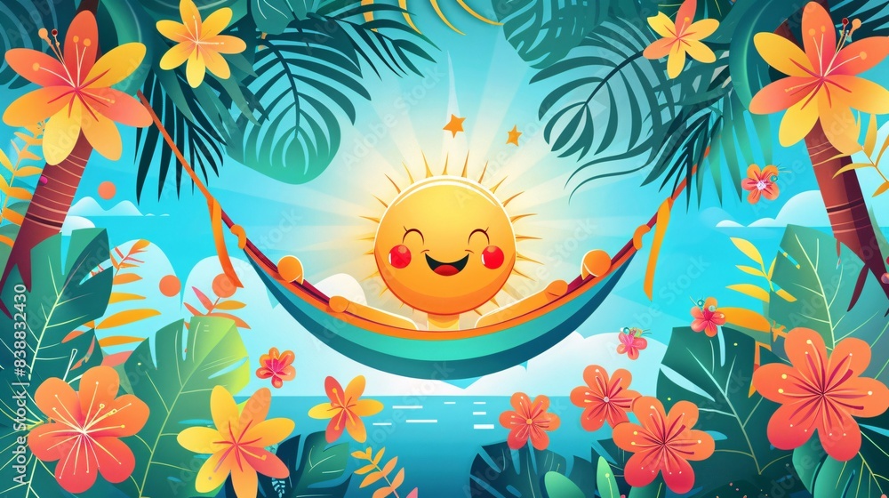 An illustration of a happy character icon lounging in a hammock under the warm summer sun, surrounded by tropical flowers and palm trees, against a bright and colorful background. An illustration of a happy character icon lounging in a hammock under the warm summer sun, surrounded by tropical flowers and palm trees, against a bright and colorful background.