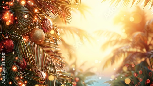 Festive template with palm trees decorated with Christmas lights and ornaments, and a sunny background. © vilaiporn