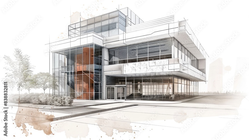 Watercolor render of a retro office building in sketch form, resembling a blueprint. Plenty of copy space for vintage architectural concepts and designs. Watercolor render of a retro office building in sketch form, resembling a blueprint. Plenty of copy space for vintage architectural concepts and designs.