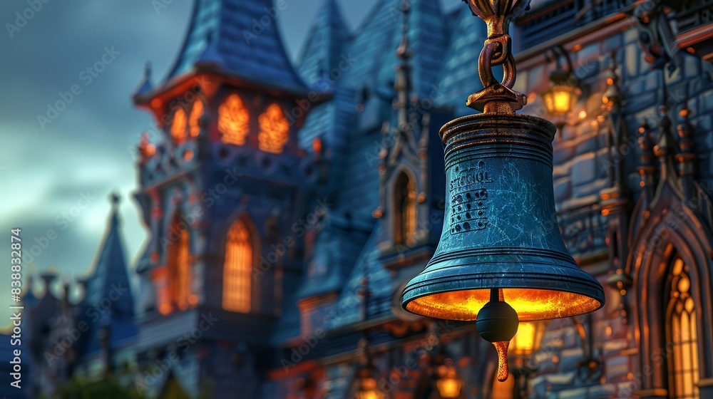Enchanted school bell that chimes itself, castle tower, side view, magical timekeeping, enchanted tone, Complementary Color Scheme Enchanted school bell that chimes itself, castle tower, side view, magical timekeeping, enchanted tone, Complementary Color Scheme