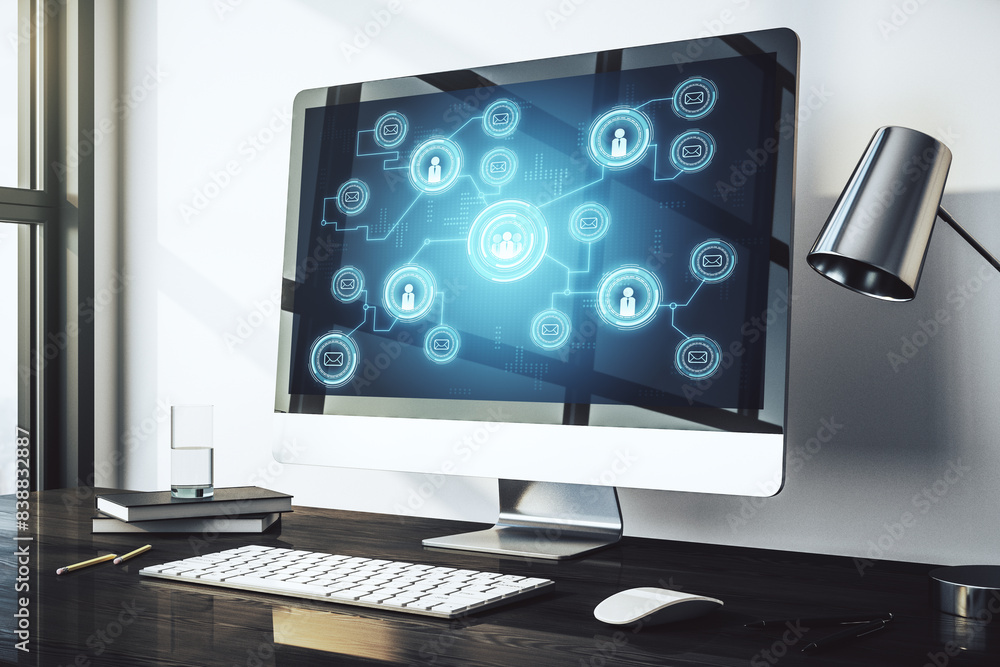 Modern computer display with social network icons concept. Networking concept. 3D Rendering Modern computer display with social network icons concept. Networking concept. 3D Rendering