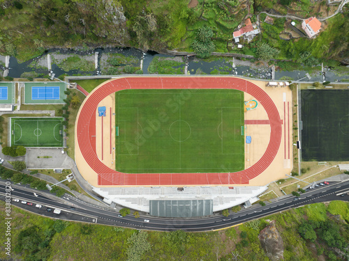 soccer field and river from aerial view
