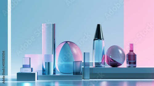 A high-end studio shot featuring a refined 3D rendering of futuristic luxury products, highlighting cutting-edge materials like self-healing polymers and shape-memory alloys, with space for branding
