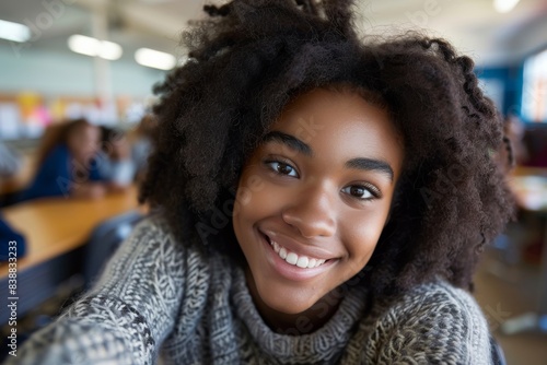 African black student girl capturing a candid selfie in a relaxed classroom ambiance, exuding happiness through her genuine smile.