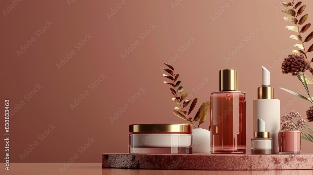A high-end 3D rendering of cosmetics products mockup featuring lavish packaging and high-quality ingredients, captured in a sleek studio shot with clear copy space A high-end 3D rendering of cosmetics products mockup featuring lavish packaging and high-quality ingredients, captured in a sleek studio shot with clear copy space