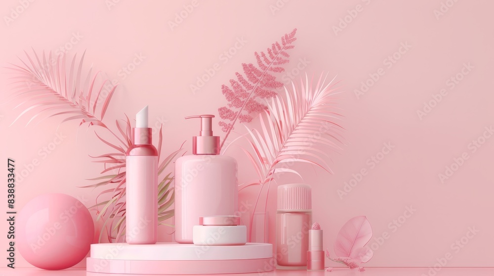 A high-end 3D rendering of cosmetics products mockup featuring lavish packaging and high-quality ingredients, captured in a sleek studio shot with clear copy space A high-end 3D rendering of cosmetics products mockup featuring lavish packaging and high-quality ingredients, captured in a sleek studio shot with clear copy space