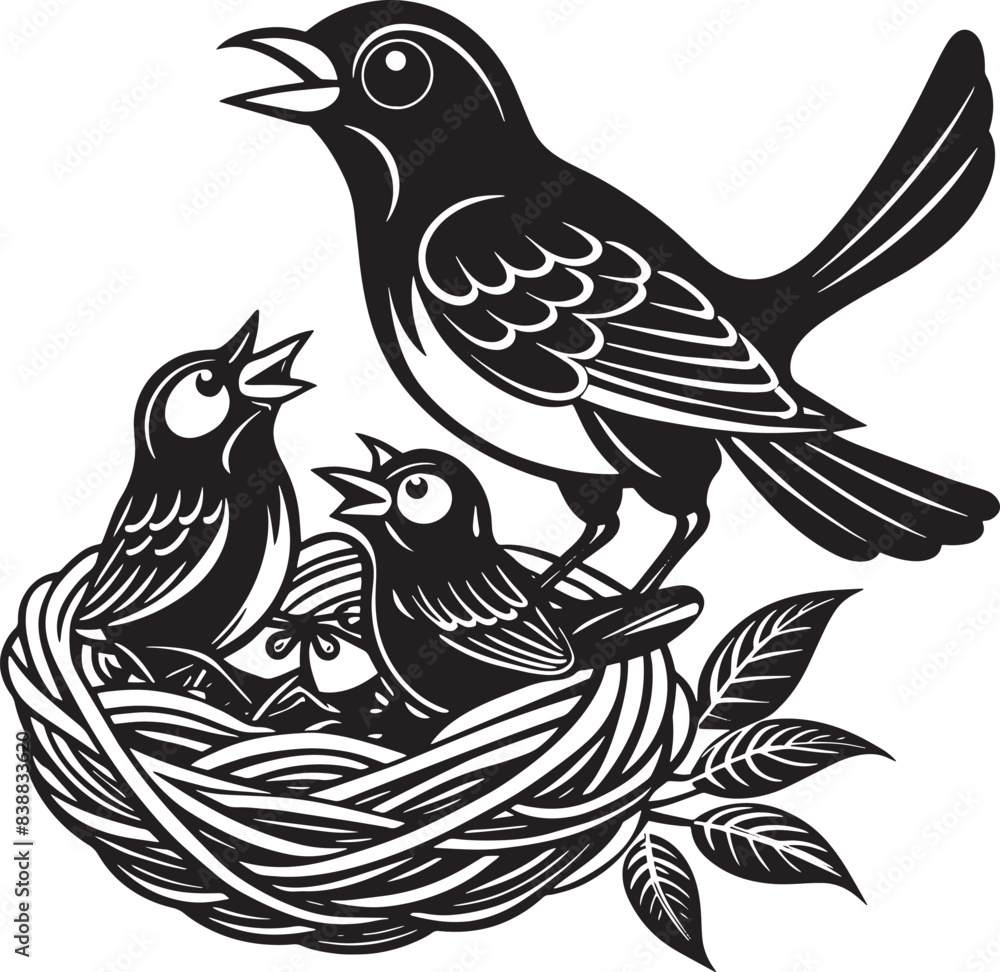 birds on a branch in nest illustration black and white birds on a branch in nest illustration black and white