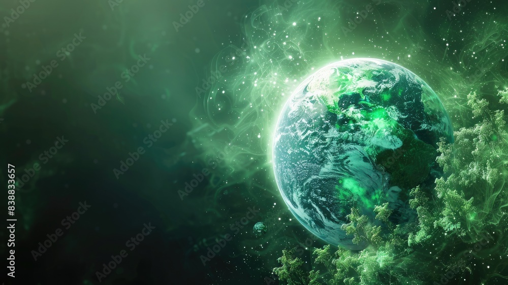 Dynamic digital rendering of Earth with green energy concept. Vibrant green planet, dramatic composition, and ample copy space. Dynamic digital rendering of Earth with green energy concept. Vibrant green planet, dramatic composition, and ample copy space.