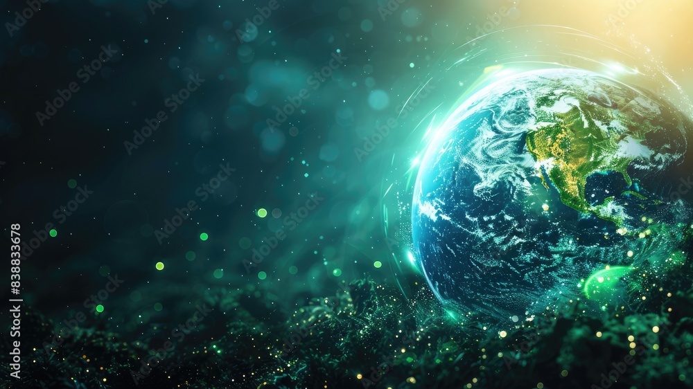 Fototapeta premium Dynamic digital rendering of holographic Earth showcasing green energy concepts. Vibrant, eco-friendly planet with dramatic composition. Ideal for sustainability and environmental projects.