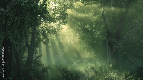 Sunlight beams through lush green trees in a serene forest, creating a mystical and tranquil atmosphere perfect for nature lovers and outdoor enthusiasts. © Flowaiart