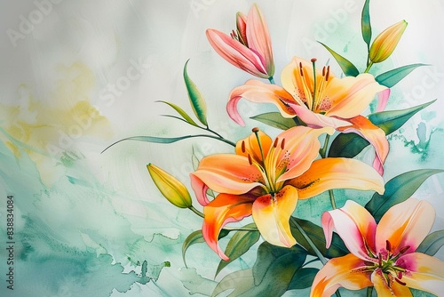 Illustration of the lilies on a light green background in watercolor style, free space