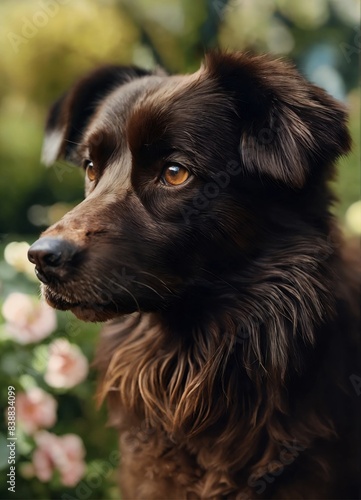 Portrait of Black Dog Gazing Intently in Garden