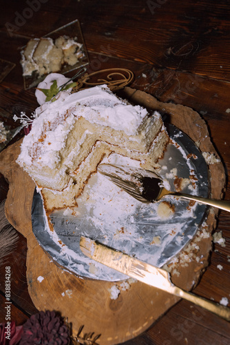 Partially Eaten White Layered Cake Mess photo