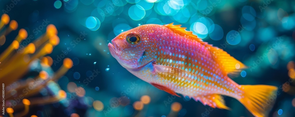 Fish around a marine communication hub close up, focus on, copy space, vibrant colors, Double exposure silhouette with underwater networks Fish around a marine communication hub close up, focus on, copy space, vibrant colors, Double exposure silhouette with underwater networks