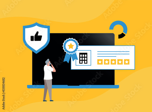 Reputation management service for online and offline businesses. Social media reputation management with brand feedback analysis. Isolated vector illustration