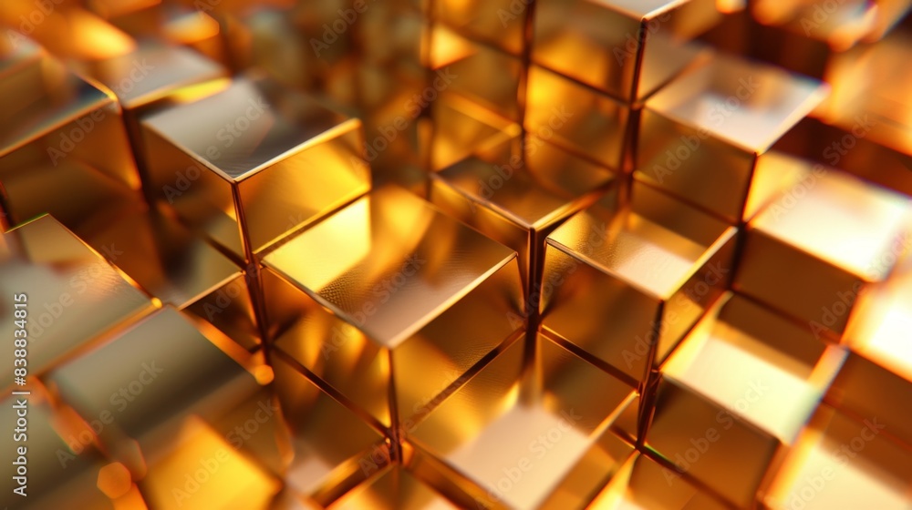 Abstract golden 3D cubes pattern with glowing warm lights creating a futuristic and luxurious texture background. Abstract golden 3D cubes pattern with glowing warm lights creating a futuristic and luxurious texture background.