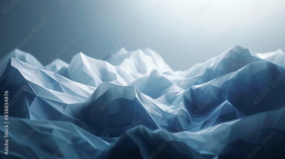 Obraz premium Abstract low-poly mountains in a serene, gradient blue light. Digital art represents modern technology, geometric shapes, and futuristic concepts.