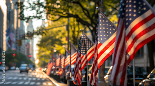 Memorial Day concept, A Row of American Flags in a City Street, Generative ai 