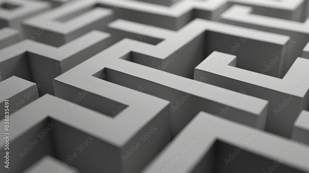 Extreme close-up of a gray 3D maze structure symbolizing complexity, challenge, and puzzle-solving in a monochrome theme. Extreme close-up of a gray 3D maze structure symbolizing complexity, challenge, and puzzle-solving in a monochrome theme.