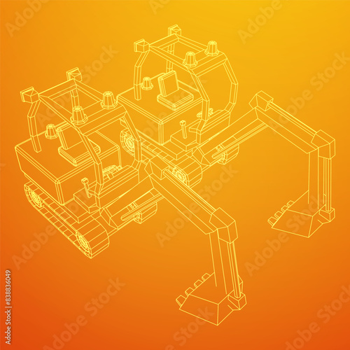 Heavy equipment excavator machine manufacturing power equipment for open pit mining. Wireframe low poly mesh vector illustration
