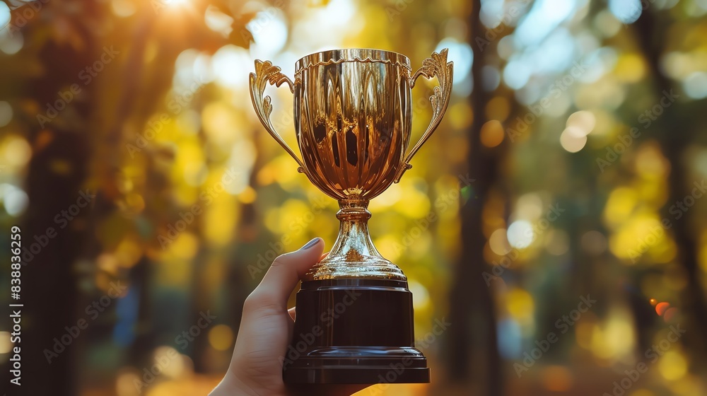 Golden trophy celebration with bokeh background Golden trophy celebration with bokeh background