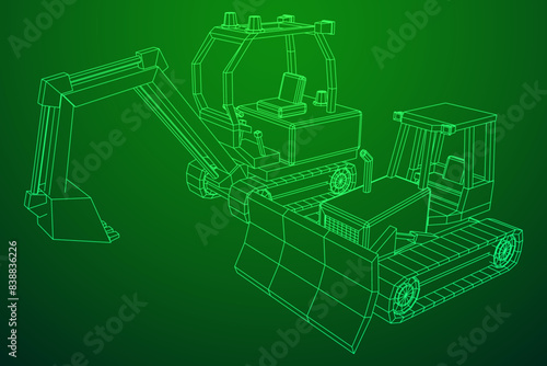 Heavy equipment excavator machine manufacturing power equipment for open pit mining. Wireframe low poly mesh vector illustration