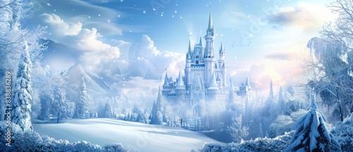 Magic Castle in a winter wonderland. Fantasy snowy landscape. Winter castle on the mountain, winter forest