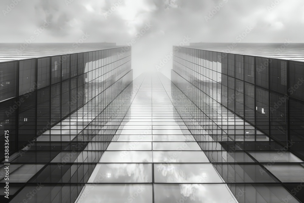 Black and white shot of a glass high-rise building with sharp geometric lines and blurry light Black and white shot of a glass high-rise building with sharp geometric lines and blurry light