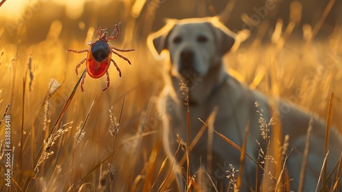 A tick lurking in a blade of grass with a dog in the background