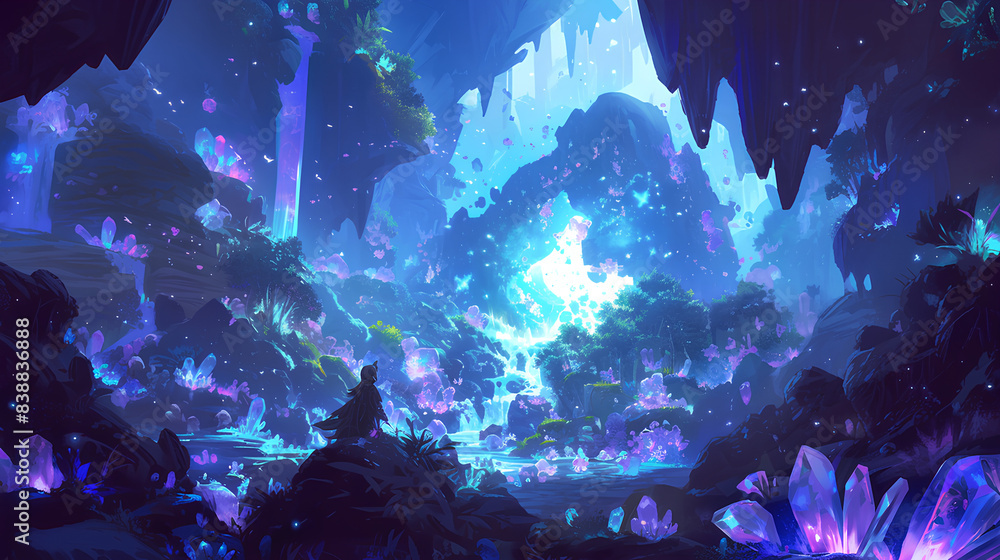 Obraz premium Create an illustration of a mystical cave emanating sparkling light. The cave's interior is adorned with luminescent crystals and glowing plants, casting an ethereal glow