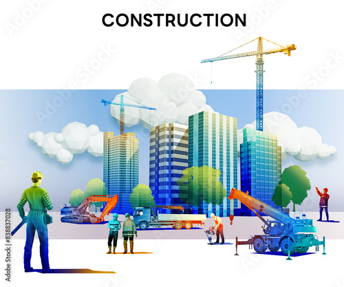 Conceptual urban building construction. Multiple skyscrapers and buildings under construction with cranes