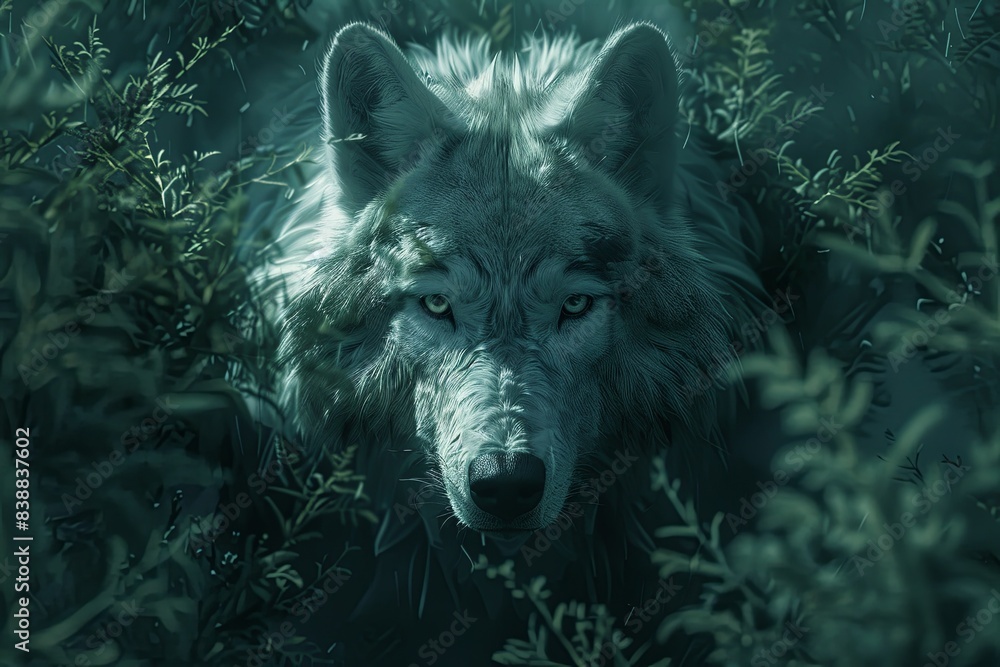 Amidst bushes and grass stands the figure of a wolf. Amidst bushes and grass stands the figure of a wolf.