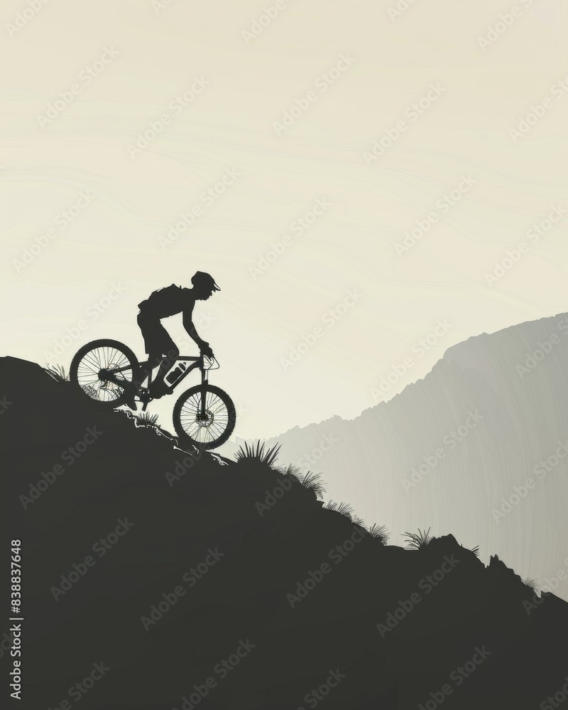 Obraz premium The silhouette of a cyclist leads the way along a mountain path.