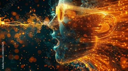 Double Exposure: A robot human wearing headphones in a space filled with golden dots, music waves, and steampunk neon microclines photo