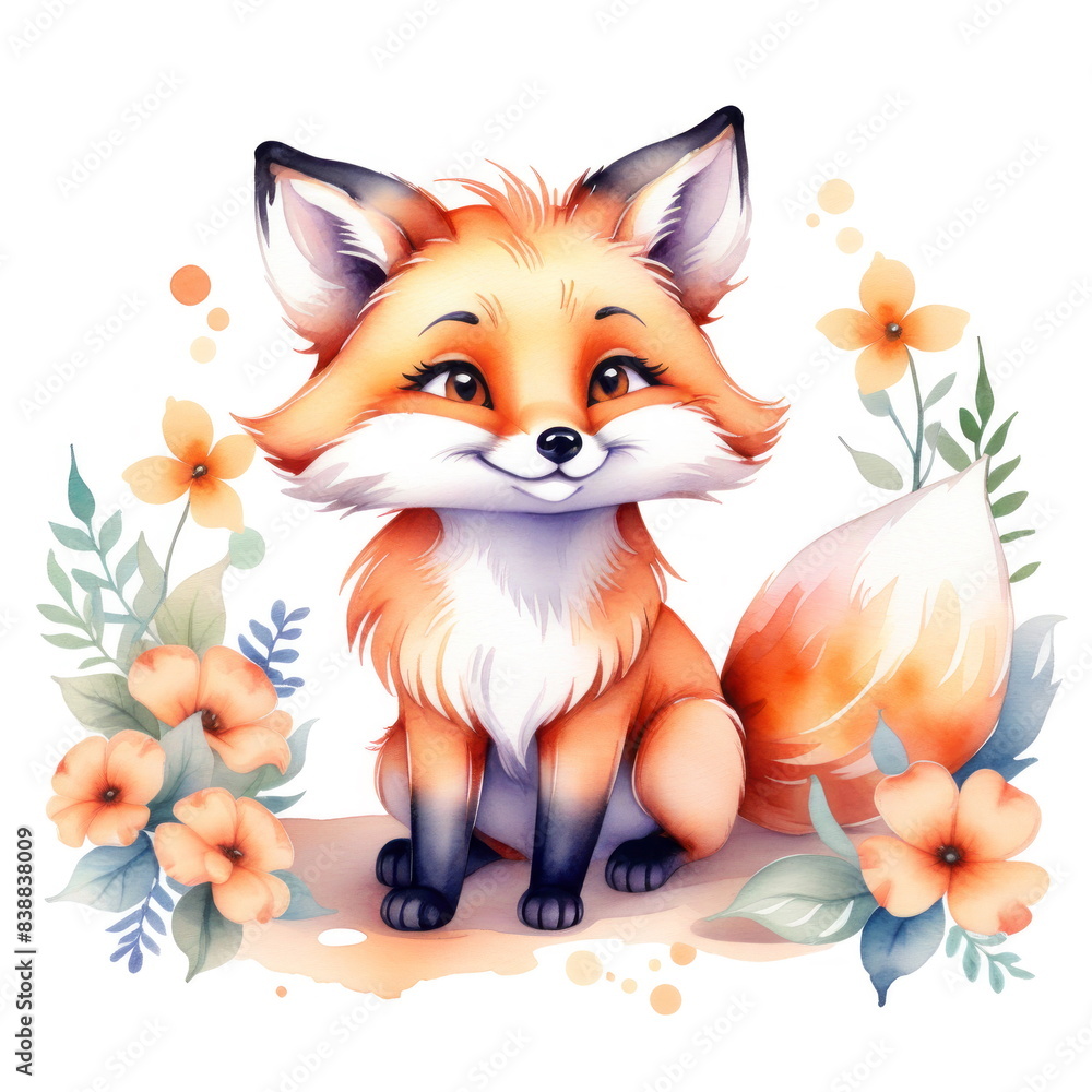 Fototapeta premium Watercolor small smiling fox sitting amidst vibrant flowers