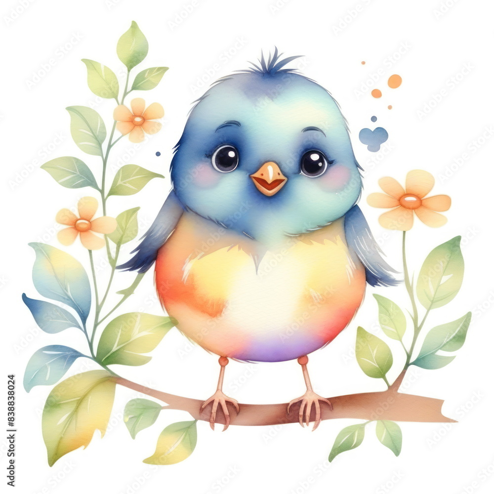 Cute colorful bird with bright blue and yellow feathers sits on a branch surrounded by green leaves and orange flowers Cute colorful bird with bright blue and yellow feathers sits on a branch surrounded by green leaves and orange flowers
