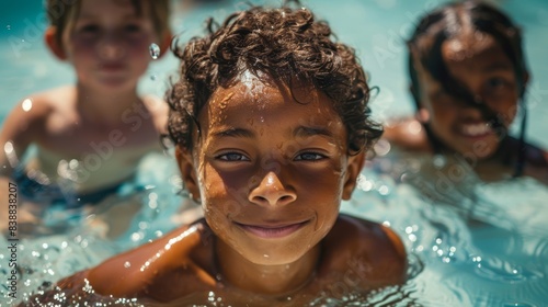 Diverse group of children enjoying a swim in a refreshing pool photo