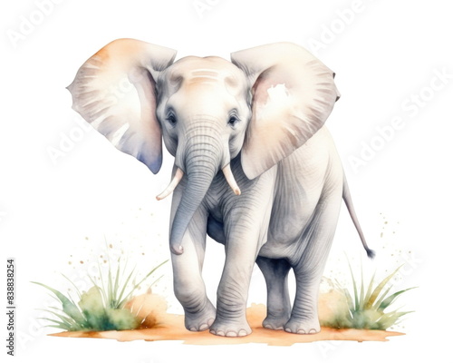Watercolor elephant walking in a savanna, with lush green grass and a sandy ground. The elephant is facing the viewer with its trunk raised and its ears spread out